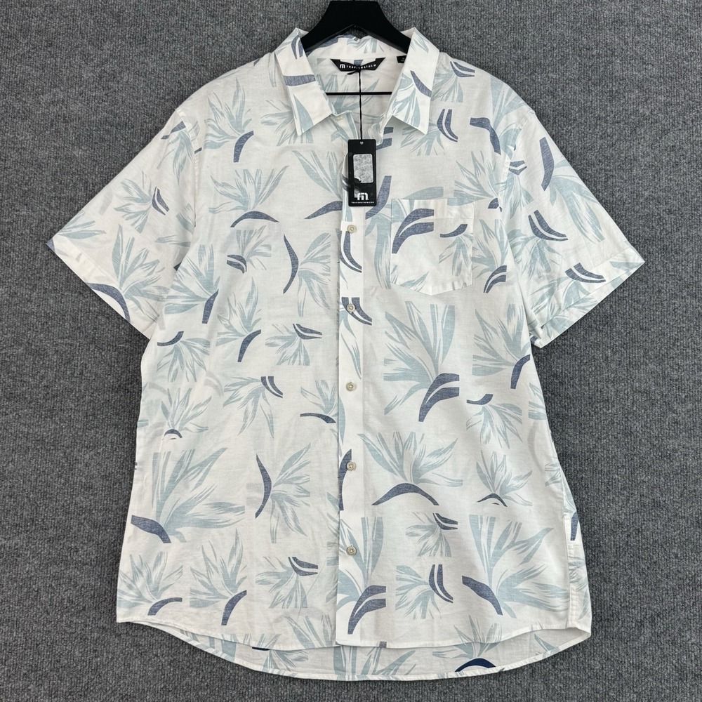 Travis Mathew Button Up Shirt Mens XL White Floral Reversible Short Sleeve NWT